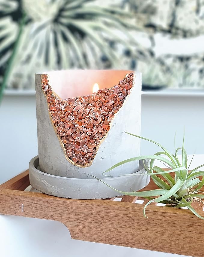 4” Crystal Plant Pot with Saucer - Cement Geode Planter - Concrete Pots for Plants - Modern Succulent Pot Indoor - Unique Air Plant Holder - Candle Holder - Small Plant Home Decor (Orange Carnelian)