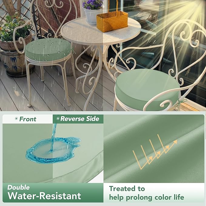 Outdoor Bistro Chair Cushions Set of 4, 15" D x 3" H Round Chair Cushions Waterproof and Fade Resistant Chair Cushion Pads with Non-Slip Ties and Removable Covers for Garden, Sage Green