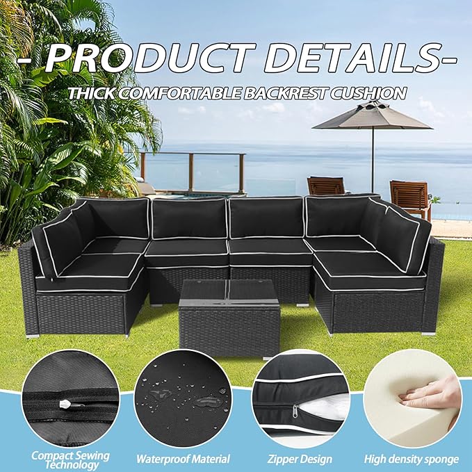 Outdoor Cushions for Patio Furniture,14Pieces Water-Resistant Replacement Cushions Fits 6-seat Sectional Rattan Conversation Set Outdoor Patio Sofa Cushion,Liner&Cover(Black+White Edges)