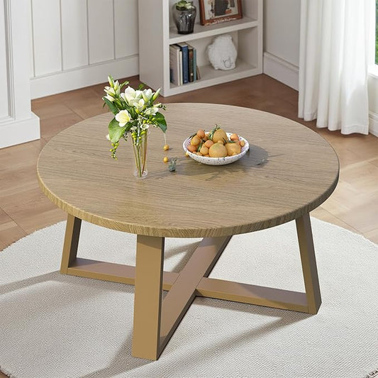 Indoor Round Coffee Table with 35.5” Woodgrain Finish Table Top, Outdoor Metal Modern Side Table 125lbs for Backyard Porch Balcony Living Room, Brown