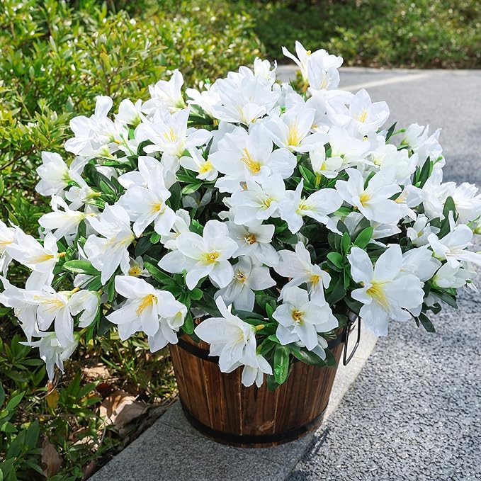 INSPRING Artificial Fake Spring Flowers for Outdoors Decoration, 3 Bundles Faux Azalea Plants Flower Look Real UV Resistant Silk Flowers for Outside Planters Patio Porch Garden Yard Window Home, White