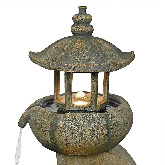 Alpine Corporation 32" Tall 2-Layer Pagoda Polystone Fountain with LED Lights, Cascading Waterfall, Outdoor Garden and Patio Water Feature, Zen Decor, Relaxing Sound, Brown