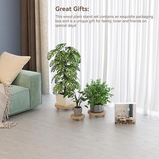 3 Pcs Wood Plant Stand Indoor Outdoor, Wooden Stool Display Stand 6/8/10" Round Riser Flower Pot Holder Small Planter Tray Modern Potter Decorative for Garden Desktop Home Table Counter Room, Natural