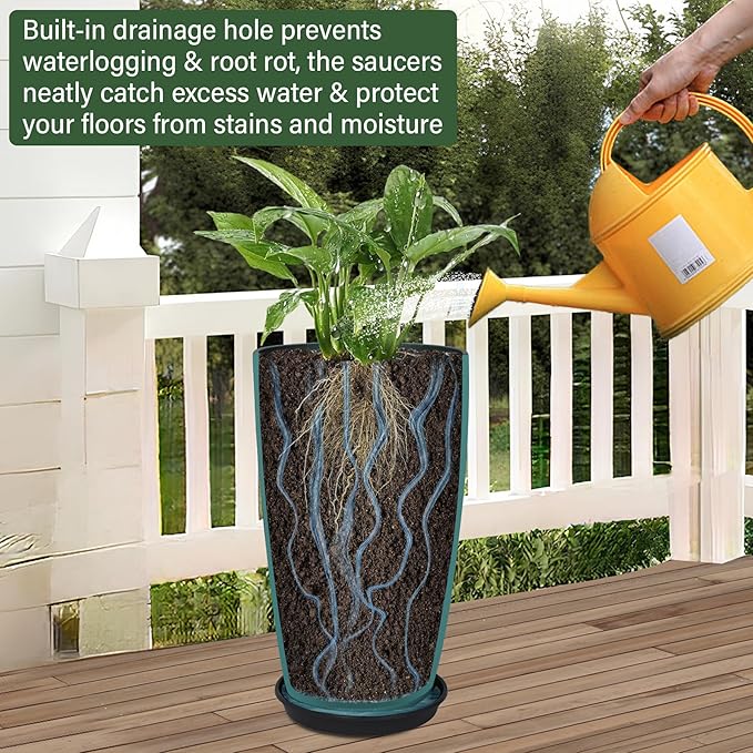 24/21/12 Inch Large Plastic Planter, Lightweight Ceramic-Look Tall Planters with Drain Hole & Saucers, Tall Plastic Planters for Porch, Garden, Patio, Balcony(Sky Blue)