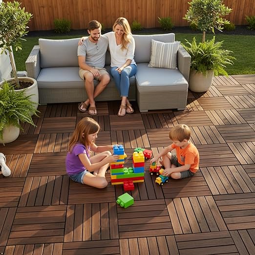 Acacia Wood Flooring Interlocking Deck Tiles for Patio Decor 27 Pcs 12 Slats VR Brown - Waterproof Indoor & Outdoor Decor - Balcony Garden Decking Tile (12.2 * 12.2 * 0.7 inches)