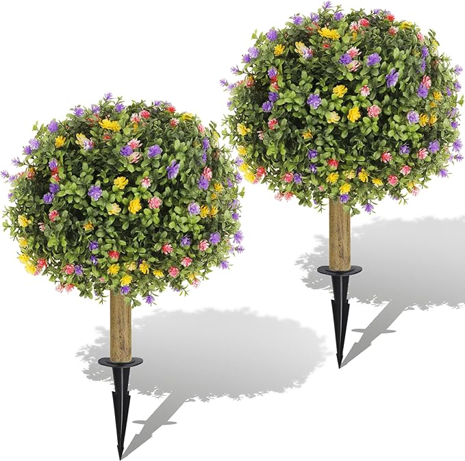 Set of 2 Artificial Colorful Blossoms Spherical Tree,UV-Resistant Faux Shrub,Outdoor Artificial Plants,Suitable for Gardens,Porches and Outdoor Planters