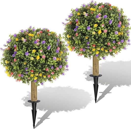 Set of 2 Artificial Colorful Blossoms Spherical Tree,UV-Resistant Faux Shrub,Outdoor Artificial Plants,Suitable for Gardens,Porches and Outdoor Planters