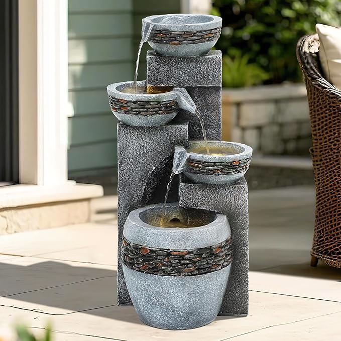 4-Tier 19.5" Indoor/Outdoor Fountain with LED Lights, Resin Pebble Tabletop Design,Soothing Cascading Waterfall for Garden/Patio/Deck/Home Decor