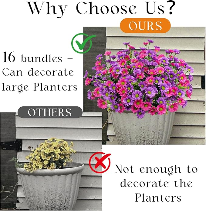 16 Bundles Silk Daisy Artificial Flowers for Outdoors UV Resistant Fake Daisies Plastic Plants Flower for Home Outside Front Door Porch Garden Patio Planters Decoration (Double Purple)