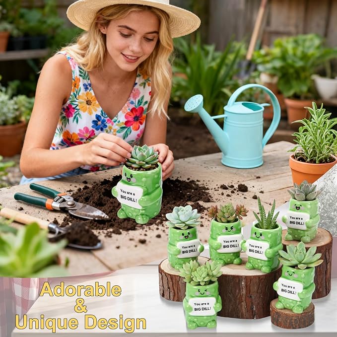 6 Pack 2.5 Inch Pickle Ceramic Succulent Planter Pots with Drainage Hole, Mini Cute Flower Pots Container for Home Office Garden Decoration Emotional Support Buddies Christmas Housewarming Gifts