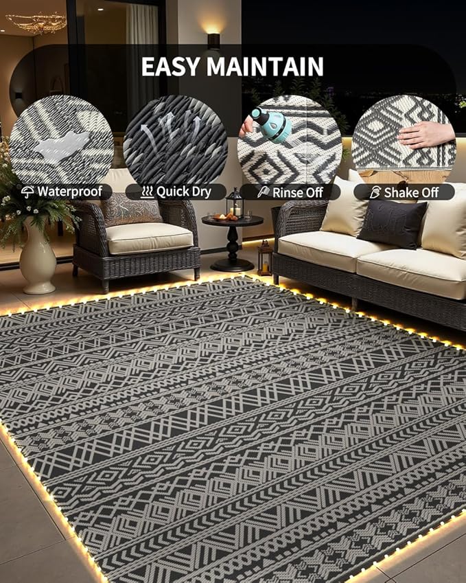 MontVoo-Outdoor Rug Carpet 9x12 ft for Patio RV Camping with Led Strip Lights Waterproof Plastic Straw Rug Reversible Portable Outside Indoor Outdoor Rug Mat for Patio Decor Balcony Picnic-Boho Rug