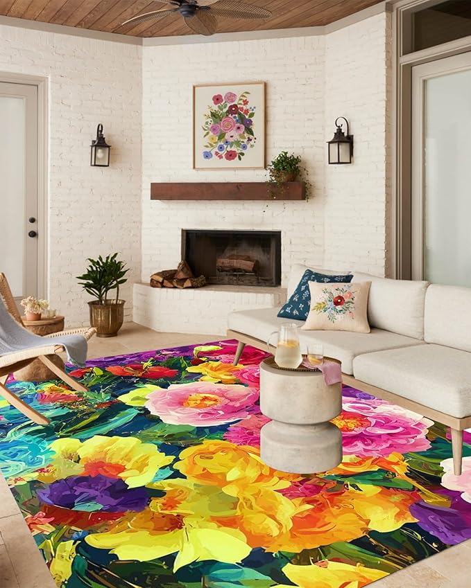 Vibrant Floral Yellow Green Outdoor Rug Modern Contempporary Art Deco Washable Area Rug for Patio Porch Deck Balcony Waterproof Durable Backyard Carpet Cute Garden Large Rugs 10x12