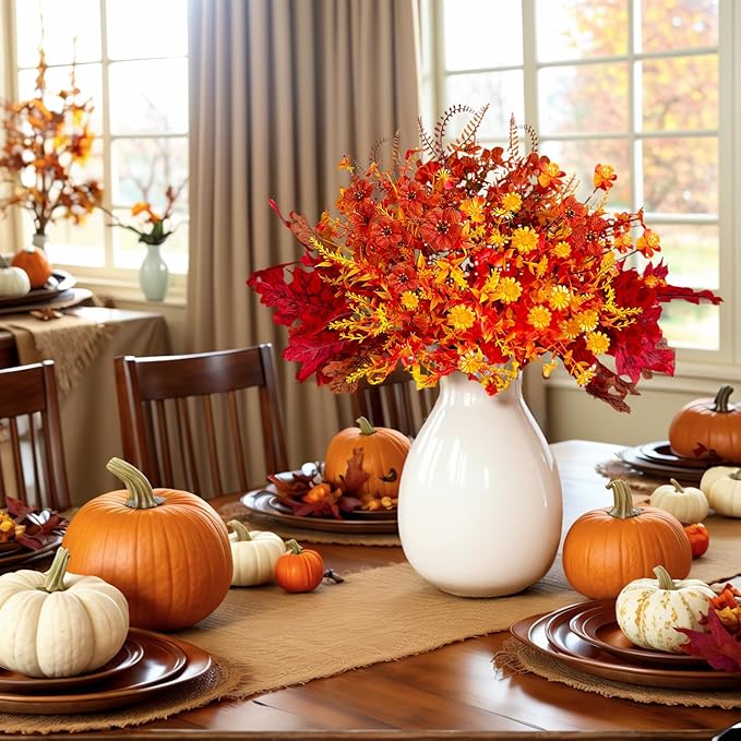 Fall Flowers Artificial for Thanksgiving Decoration, Artificial Mums for Outdoors, 26 Bundles Fake Fall Flowers Plants, Faux Mums for Outdoor Planters, Indoor Home Garden Porch Decor (Autumn Twilight)