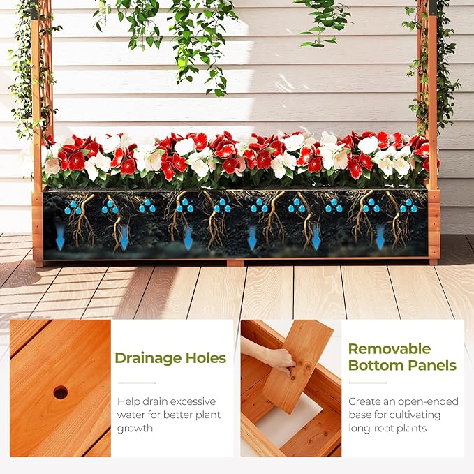 HAPPYGRILL Raised Garden Bed with Trellis, Freestanding Wood Planter Box w/Hanging Roof & Drainage Holes for Vine, Climbing Plants, Flowers, Outdoor Planter with Trellis for Garden, Patio, Yard (1)