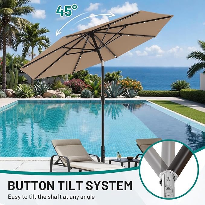 AreShark 9FT Patio Umbrella with Solar Lights, 32 LED Lighted Pool Umbrella w/Tilt and Crank, Outdoor Market Solar Umbrellas for Garden, Deck, Backyard, Pool and Beach, Beige