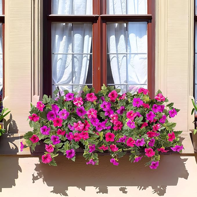 Artificial Fake Flowers for Outdoor Spring Decoration, 2PCS Faux Silk Petunias No Fade UV Resistant Flowers for Outside Garden Porch Yard Balcony Patio Realistic Indoor Decor(Fuchsia)