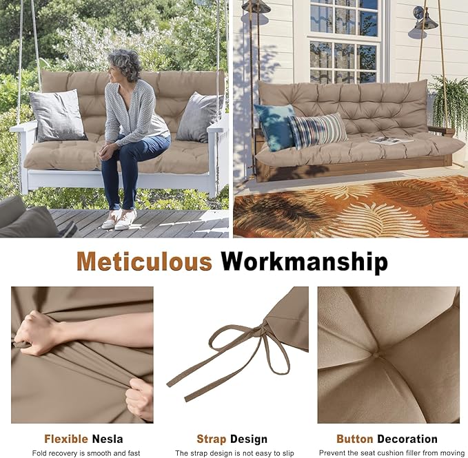 2-3 Seat Swing Replacement Cushion, Outdoor Bench Cushions with Backrest Thicken 4", Patio Furniture Garden Porch Loveseat Glider Pad Anti-Fading Waterproof (Khaki, 40x47in)