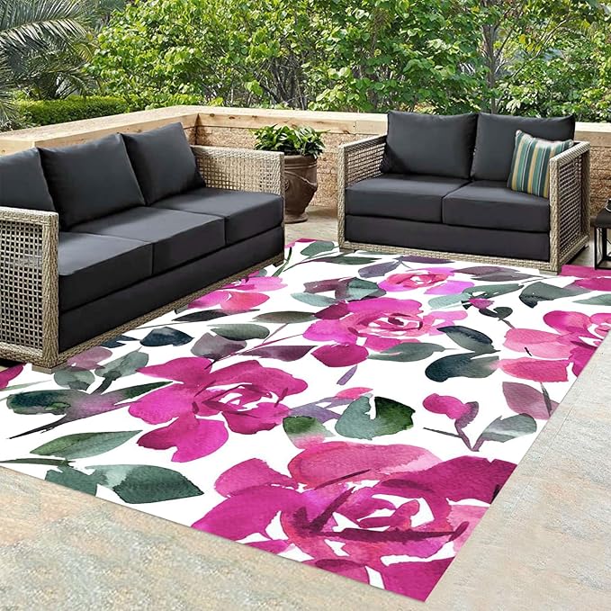 Floral Textured Modern Farmhouse Waterproof Outdoor Area Rug for Patio Deck Porch Balcony Ultra Pink White Garden Washable Outside Large Carpet Home Entrance Hallway Non Slip Mat 8x12