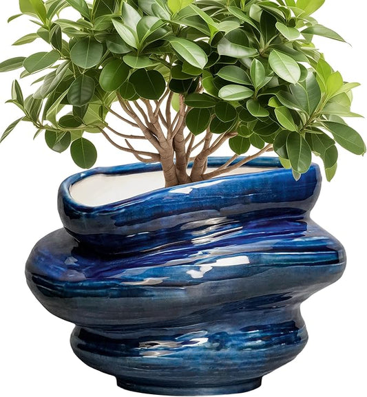 Ceramic Pots for Plants - 10.6 Inch Ceramic Planter with Drainage Hole, Decorative Planters for Indoor Outdoor, Unique Flower Pots, Garden Office House Decor, Birthday Housewarming Gifts, Blue