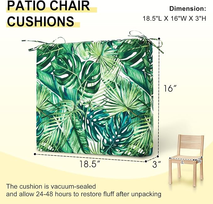 downluxe Outdoor Chair Cushions Set of 4 for Patio Furniture, Water-Resistant Square Corner Patio Chair Cushions with Ties, High Density Foam Outdoor Seat Cushion, 18.5" X 16" X 3", Palm Leaves