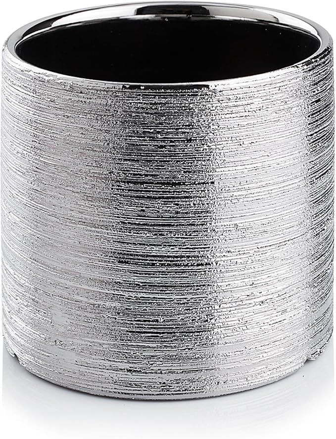 WGVI Silver Etched Ceramic Cylinder Vase Width 6.5" Height 6", Flower Arrangements, Candle Holder, Terrarium Planter Pot, Storage Container Organizer, Pen Brush Holder, Scratched Texture Design, 1 Pc