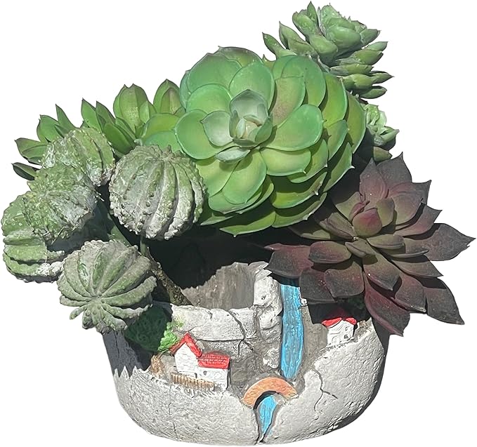 Plants Pot Fairy Garden Planter Tiny Creative Flowers Succulent Plant Pots Mini Micro Scenery Flower Pot Mini House Plant Pot Resin Garden Decor Outdoor Statue Design with Sweet House (Gray)