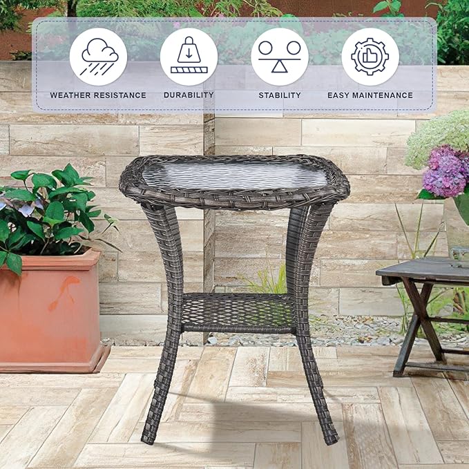 Patio Side Table Glass Wicker Table Outdoor PE Rattan Side Table with Storage Shelf Weather Resistant Square Sidetable for Patio Garden Poolside Deck Balcony Porch Yard, Brown