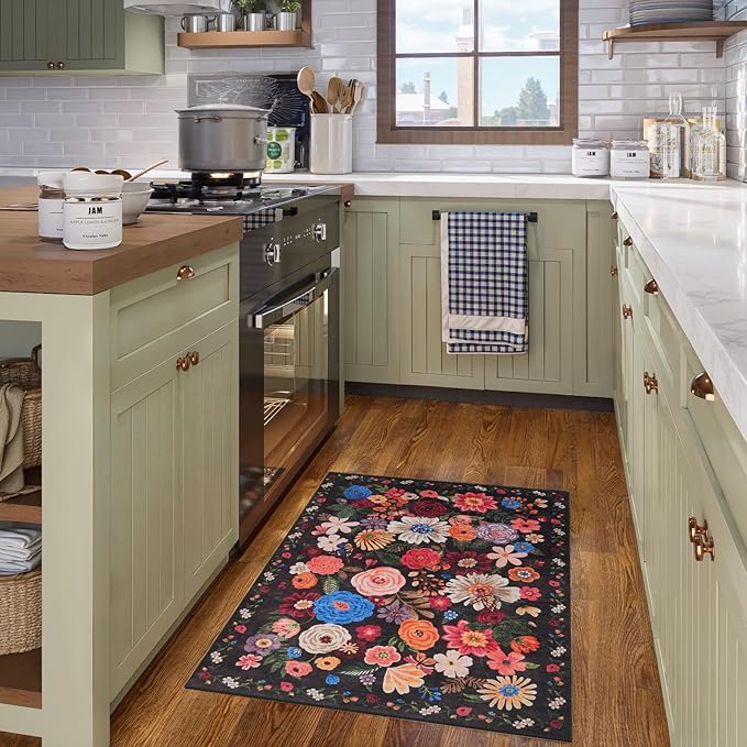 Black Floral Rug for Entryway, 2x3 Washable Kitchen Mat Ultra-Thin Soft, Non-Slip Indoor Door Carpet Stain Resistant Boho Small Low-Pile Throw for Bathroom Bedroom (2 x 3, Black Garden)