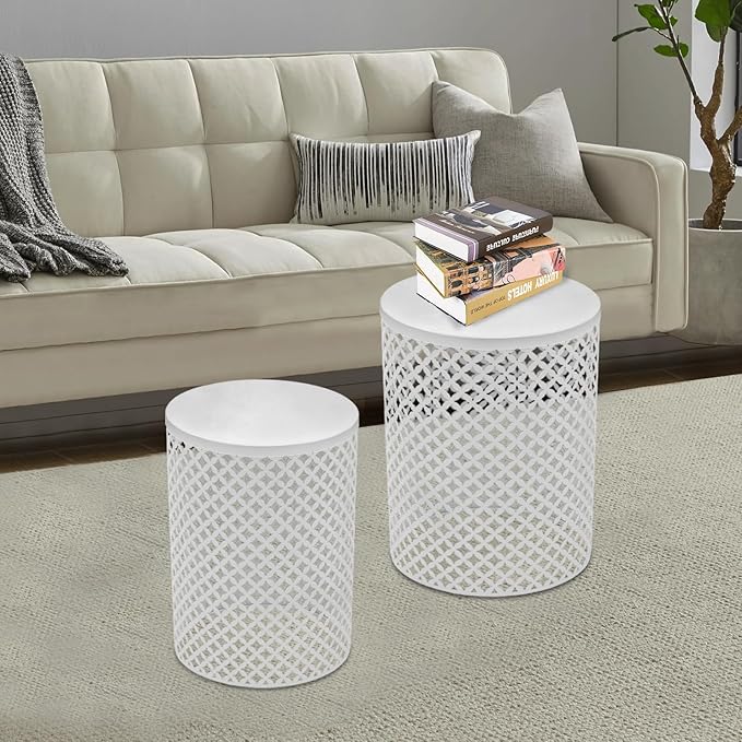 2PCS Outdoor Side Table, Heavy Duty Metal Frame Side Table Decorative Garden Stool Modern End Table Round Coffee Table for Patio Gardens Balconies Cafes (White)