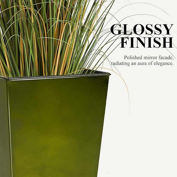 Worth Garden Large Metal Glazed Planter Set of 2 (25" + 28"), Luxurious Glossy Finish Green Tall Square Tapered Steel Plant Pot, Decor Flower Pot Indoor & Outdoor, Drainage Hole & Dual-Purpose Saucer