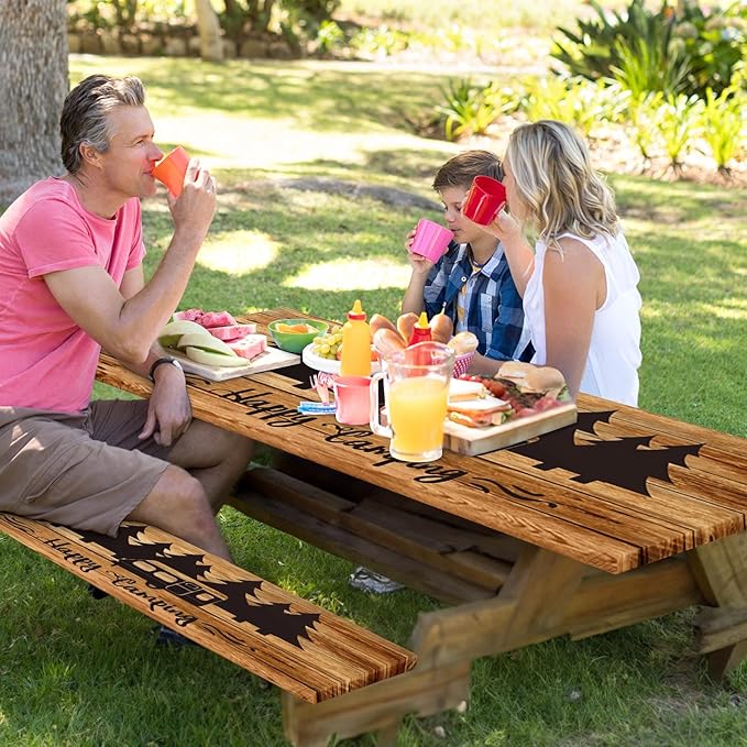 Picnic Table Cover with Bench Covers Elastic Edges, Wood Camper Fitted Table Cover, Outdoor Patio Camping Essentials 72 Inch 3PCS, Waterproof Camping Fitted Tablecloth with Drawstring Bag