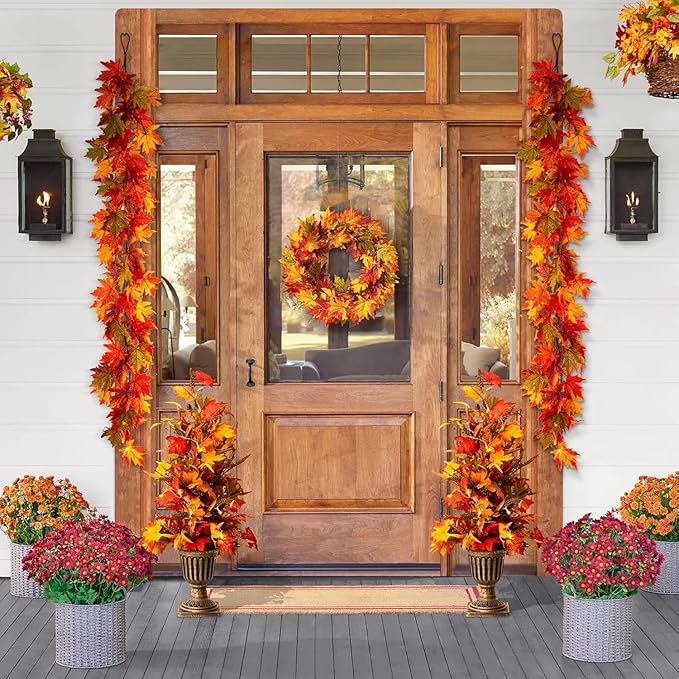 Glitzhome 2 Pcs Fall Maple Trees with Lights & Timer, 36''H Lighted Artificial Urn Potted Porch Tree with 20 Warm White LEDs, Decorative Fall Front Door Trees for Outdoor Indoor Porch Entryway