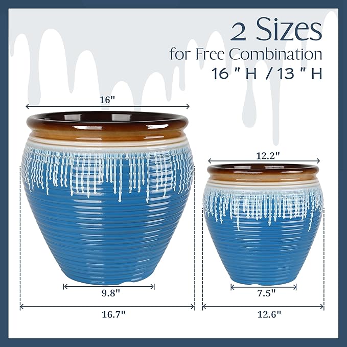 WORTH Clay-Pot-Style Plastic Planters Set of 2 (Large: 17"Dia x 16"H & Small: 13"Dia x 13"H), Blue-Glazed Plant Pot, Round Lightweight Flower Pots with Drainage Hole & Plug for Indoor & Outdoor Use