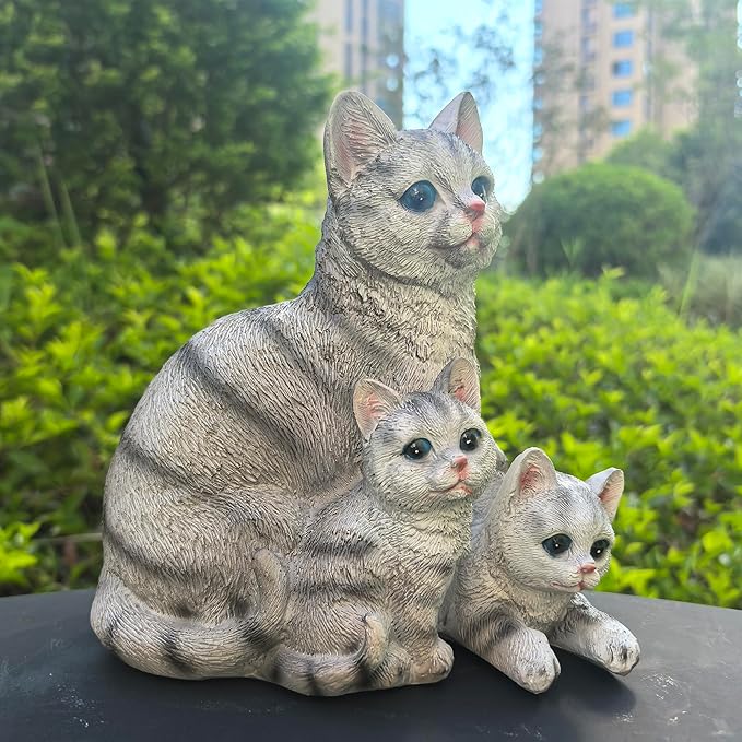 Mama Cat and Kitten Garden Statue,Outdoor Lawn Decorative Figurine Grey Cat Statue for Patio Yard,Funny Animal Flower Bed Decor Art Sculpture