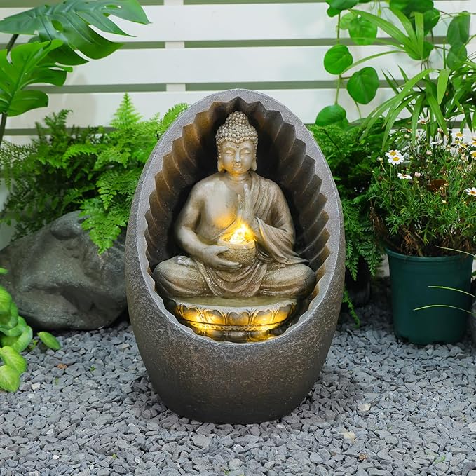Water Fountain Outdoor Half-Encased Egg-Shaped Zen Buddha Fountain Indoor with Light Pump, Tranquil Relaxing Water Feature for Home Garden Patio Yard Balcony & Meditation Room, Brown