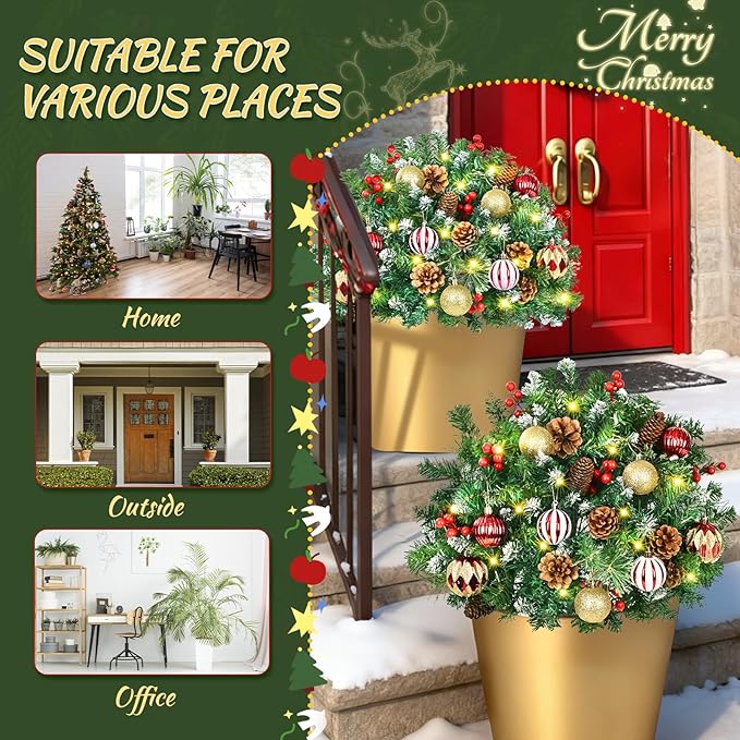 2 Pack 23" Outdoor Christmas Tree Urn Filler, Christmas Planter Filler with 50 LED Lights, Pine Cones, Christmas Balls & Red Berries, Tripod Stake for Outdoor Holiday Home Decorations