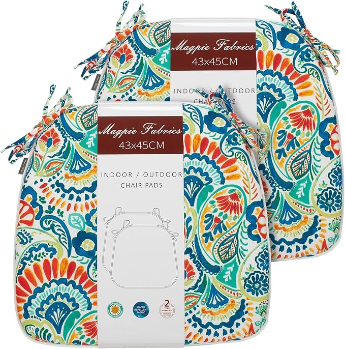 Magpie Fabrics 17"x16"x2" U-Shape Chair Cushions with Ties 2 Count, Outdoor Indoor Waterproof All Weather Seat Pads Decoration for Patio Garden Dining Office - Paisley Multi