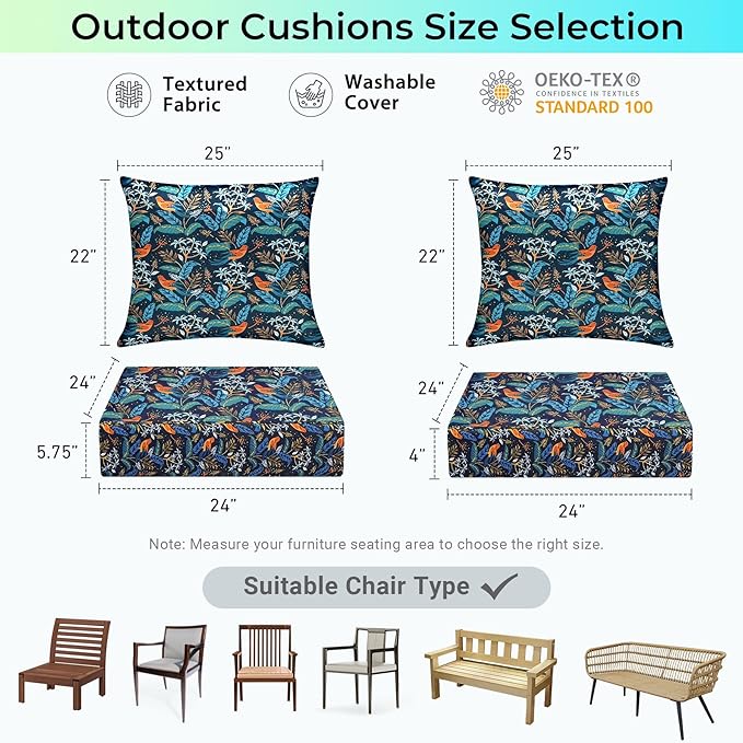 Outdoor Cushions for Patio Furniture,Outdoor Seat Cushion Set 24 x 24 x 4 Inch,Waterproof & Fade Resistant Outdoor Chair Cushions,Deep Patio Chair Cushion with Removable Cover,Nightingale