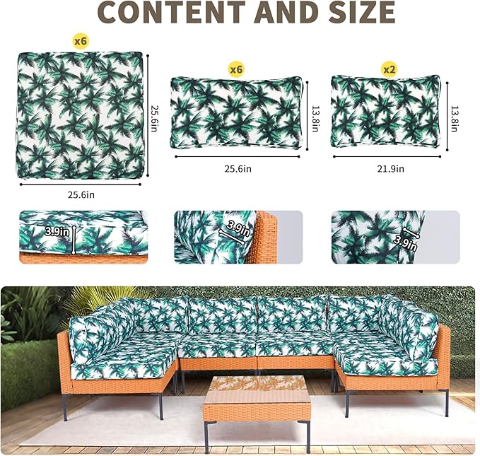 14Pcs Outdoor Sofa Cushion Replacement Patio Furniture Waterproof Cushion with Zippers fit 6-Seat Outdoor Wicker Rattan Sectional Couch (Palm Leaf, 25.6"x25.6"x3.9")