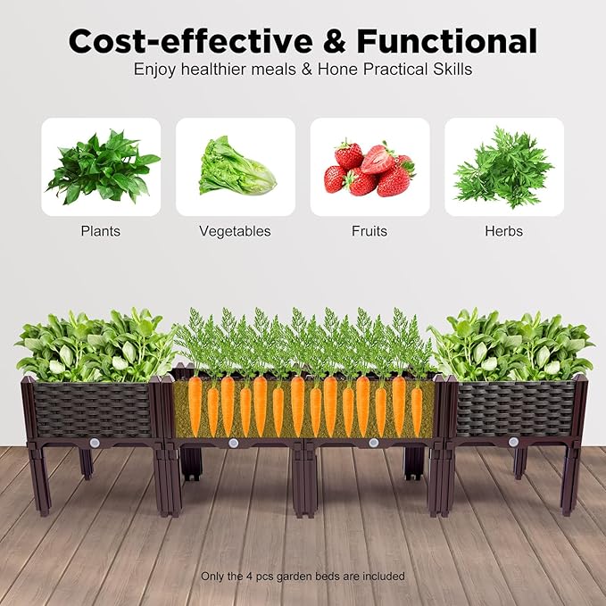 Set of 4 Raised Garden Bed with Legs Outdoor, Planter Raised Beds Kits with Drain Holes, Fruit Flowers Vegetables Standing Box for Patio Deck Porch Backyard