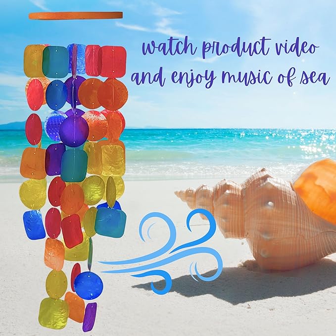 Bellaa 24896 Wind Chimes Outdoor, Garden Decorations, Musical, Indoor/Outside Windchimes, Beach, Ocean Breeze, Gifts for Mom, Gift for All Occasions, Capiz Sea Glass Shells Wood Yellow Green