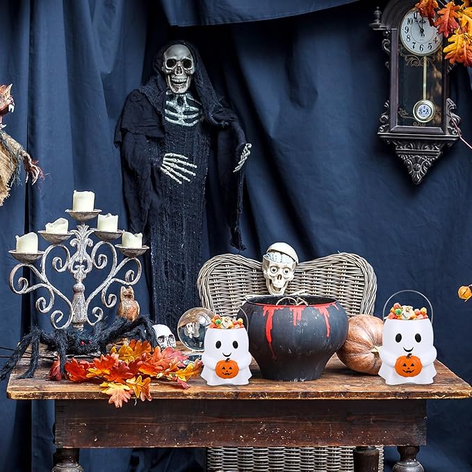 Whaline 2Pcs Halloween Ghost Planter Cute Ghost Pumpkin Bucket Small + Large Holiday Flower Vase for Indoor Outdoor Display Home Decor
