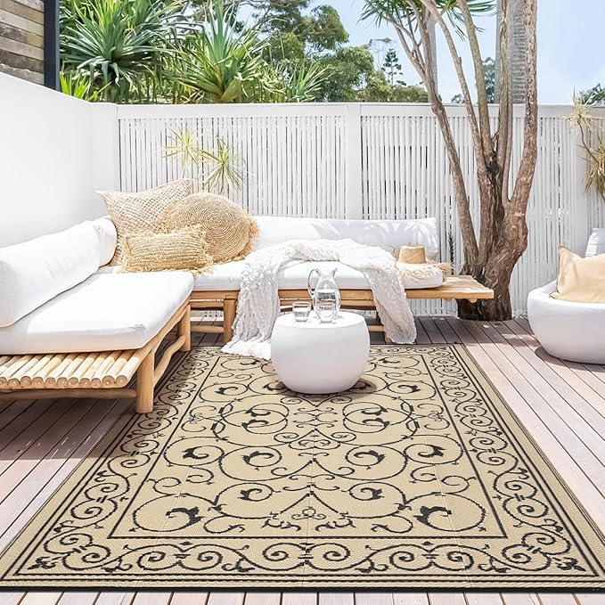 MilleLoomi 9x12 Outdoor Rug Waterproof Foldable Plastic Straw Carpet for Patio Porch Vintage Reversible Mat Lightweight Floor Mat for Picnic, Backyard, Rv, Beach, Deck, Camper, Balcony，Black Beige