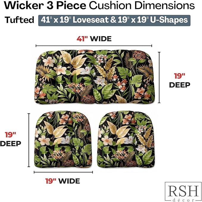 RSH DECOR: 3-Piece Tufted Wicker Cushion Set -41”x19 & 19"x19" Outdoor Wicker Loveseat Cushions & U-Shape Chair Cushions for Patio Furniture - All-Weather Spun Fabric (Carena Ebony) - Made in USA