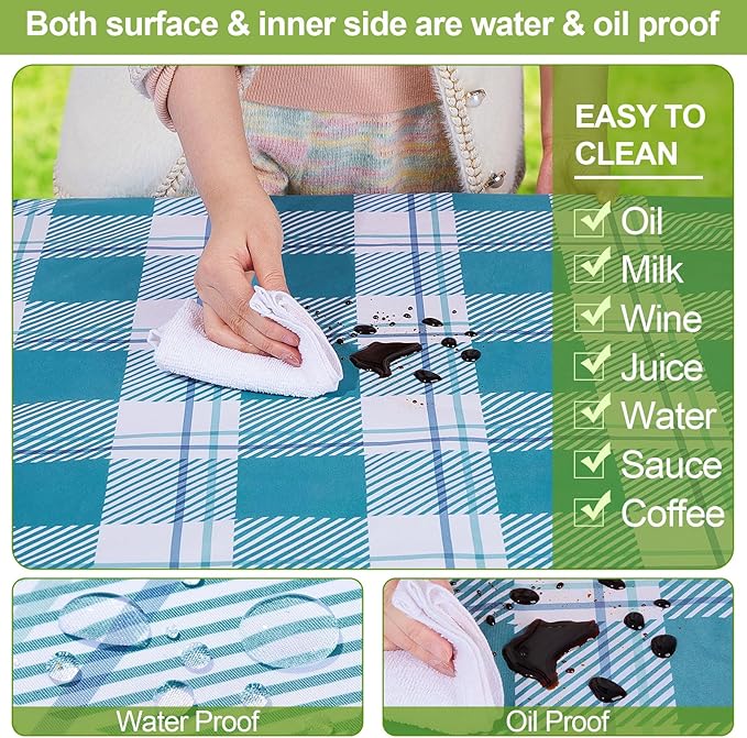 Picnic Table Cover with Bench Covers 6FT 3 Pcs Waterproof Windproof Aesthetic Camping Tablecloth with Drawstring Bag, Fitted for 6 Foot Rectangle Tables and Seats, 72 inch, Teal Checkered