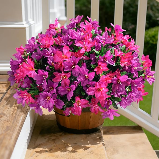 INSPRING Artificial Flowers Fake Plants for Outdoors Spring Summer Decoration, 3 Bundles Faux Silk Azalea UV Resistant Outdoor Flowers Realistic for Planters Outside Patio Porch Garden Home Decor, Mix