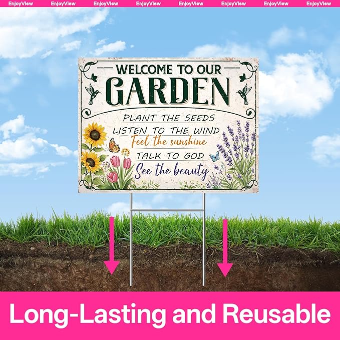 Funny Garden Sign with H Stake 24"x18" Large Vintage Sign for Outside Greenhouse Corrugated Plastic Yard Decor Gardening Gifts for Women " WELCOME TO OUR GARDEN"