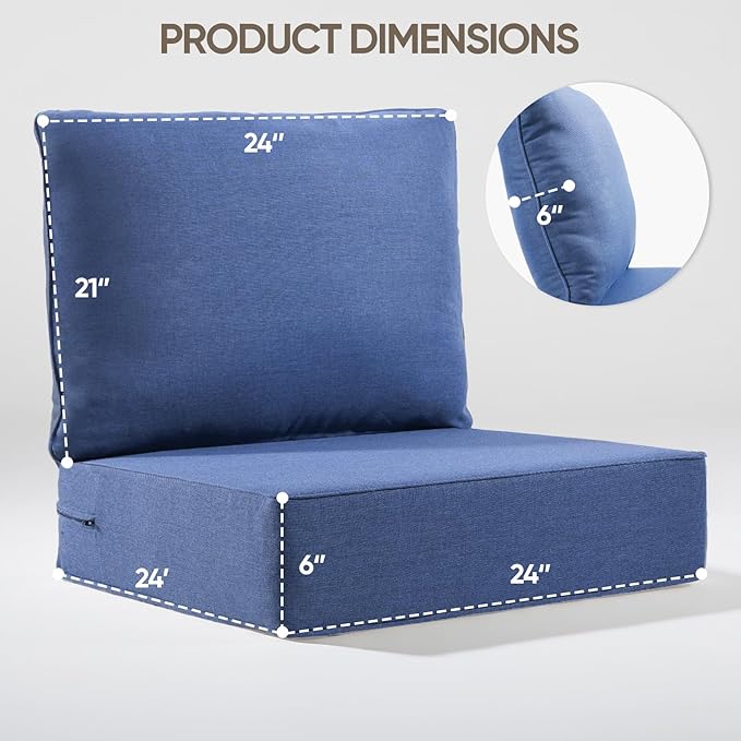 Outdoor Cushion Set for Furniture patio furniture,UV Resistant,Waterproof outdoor cushion set - 6 Inch thick foam garden cushions– 24x24 Inch Patio Seat Covers for Chair/Sofa/Couch | blue | 8-pack |