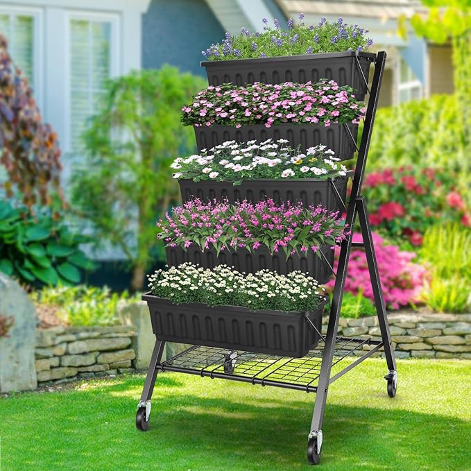 Suyncll Vertical Raised Garden Bed Planter Box, 5 Tiers Vertical Garden Planter with Drainage System and 4 Hooks for Plants Vegetables Flowers (Black with Storage Shelf & Wheels)