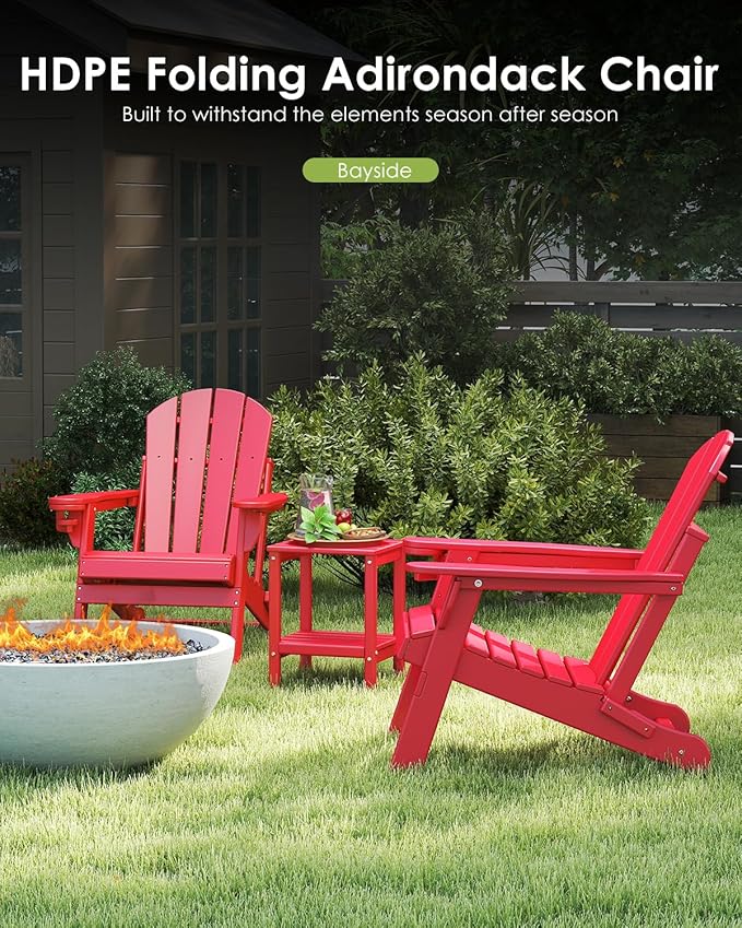 GREENVINES Folding-Adirondack-Chairs-Set-of-2 | HDPE Plastic | Fire Pit Chair | All Weather | Cup Holder | Red | for Deck Backyard Patio Outdoor Garden